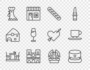 Sticker - Set line French cafe, Kepi, baguette bread, Notre Dame, rooster, Wine glass, Gargoyle on pedestal and Coffee cup icon. Vector