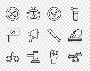 Sticker - Set line Handcuffs, Traffic jam, Check mark in round, Judge gavel, X Mark, Cross circle, Megaphone, Raised hand with clenched fist and Lying burning tires icon. Vector