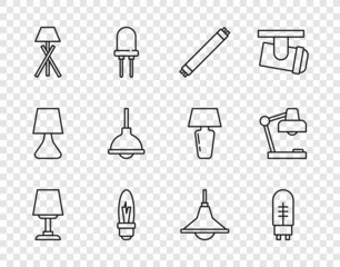 Sticker - Set line Table lamp, Light emitting diode, Fluorescent, bulb, Floor, Lamp hanging, Chandelier and icon. Vector