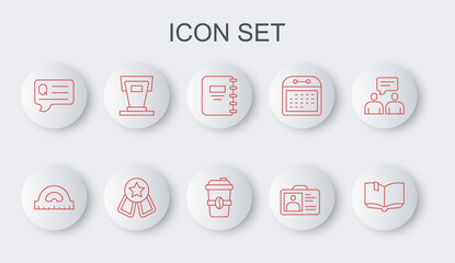 Sticker - Set line Open book, Protractor grid, Notebook, Identification badge, Speech bubbles with Question, Stage stand, Medal star and Coffee cup go icon. Vector