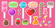 Candy sweets, marshmallow, hard candy on stick, dragee, macaroon, jelly worm, chocolate heart, strawberry, colorful set. Sticker label flat style . Assorted bonbon isolated on white background. Vector
