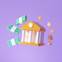 Wall Mural - Online banking icon. money-saving, Bank, bundles of money and coins floating around on the purple background