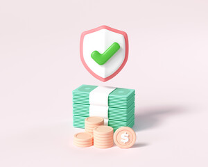 Poster - money-saving concept. coins stack and bundles of money on pink background. 3d render illustration