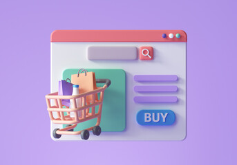 Poster - online shopping on web page concept. e-commerce website design. 3d render illustration