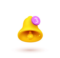 Poster - Bell notifications. Bells Icon with new message web chat yellow colors. Realistic 3d object. Isolated on white background. Vector illustration