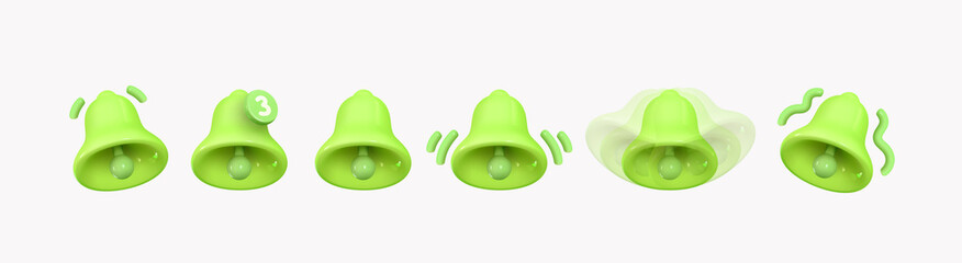 Fototapete - Bell notifications. Set of Bells Icon with new message web chat green colors. Realistic 3d object. Isolated on white background. Vector illustration