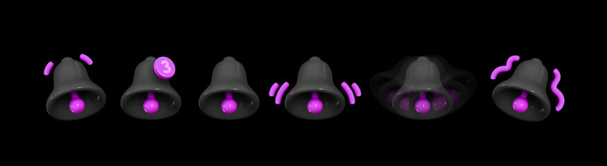 Fototapete - Bell notifications. Set of Bells Icon with new message web chat black colors. Realistic 3d object. Isolated on white background. Vector illustration