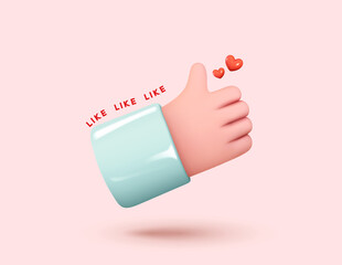 Aufkleber - Hand symbol like approved and red heart love. Realistic 3d cartoon style design. Social media Creative concept idea. Vector illustration