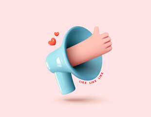 Aufkleber - Social media. Hand Symbol like and red heart love. Marketing time concept, realistic 3d blue megaphone, loudspeaker by hand. Vector illustration.