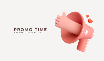 Wall Mural - Social media. Hand Symbol like and red heart love. Marketing time concept, realistic 3d megaphone, loudspeaker by hand. Vector illustration.