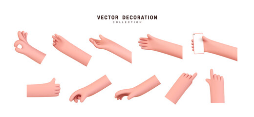 Poster - Hands set of realistic 3d design in cartoon style. Hand shows different gestures signs. Vector illustration