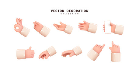 Poster - Hands set of realistic 3d design in cartoon style. Hand shows different gestures signs. Vector illustration