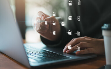 Poster - IT staff working with Document Management System (DMS), online documentation database and process automation to efficiently manage files, Corporate business technology.