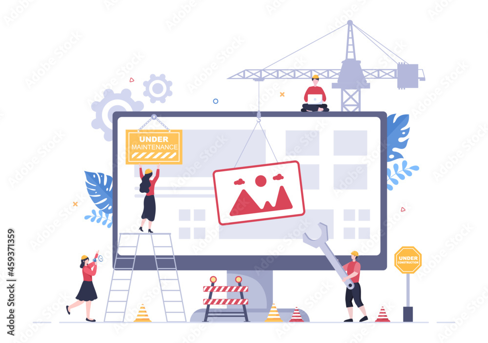 Software System Under Maintenance Vector Illustration. Error Website, Development and Update Webpages on Mobile Application For Poster Template