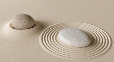 Cosmetic background for product presentation, podium display on Zen circle pattern in sand