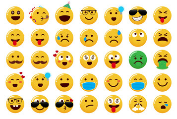 Poster - Smileys emoji vector set. Emoticons cute characters with party, cool, crazy and happy emojis face isolated in white background for smiley face expression design. Vector illustration.
