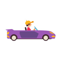 Sticker - Child boy character driving sport car, flat vector illustration isolated