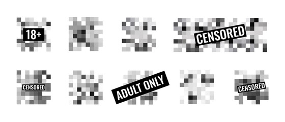 Censored pixel sign flat style design vector illustration set concept isolated on white background. Grayscale pixelated censorship square for prohibition forbidden content.