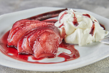 Sticker - White chocolate mousse with pears in red wine on serving plate