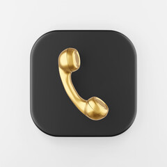 Poster - Golden vintage telephone handset icon. 3d rendering black square key button, interface ui ux element.