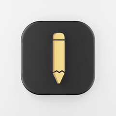 Poster - Gold pencil flat outline icon. 3d rendering square black key button, interface ui ux element.