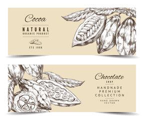 Wall Mural - Two vector banners with cocoa beans on branches with leaves.