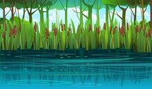 Summer Swampy Landscape. Flat Style. Shore A Quiet River Or Lake. Wild Overgrown Pond In The Shadow Backdrop Of Trees And Bushes. Cloudy Sky. Illustration Vector