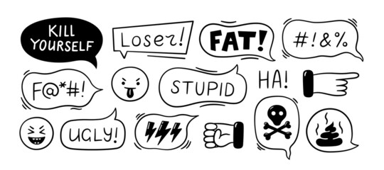 Speech bubble with swear words. Cyber bullying, trolling, conflict and violence situation. Bad reviews, negative comments. Vector illustration isolated in doodle style on white background.