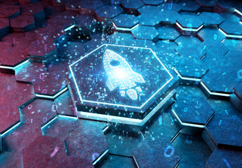 Poster - Spaceship icon innovation concept engraved on metal hexagonal pedestral background. Rocket startup logo glowing on abstract digital surface. 3d rendering