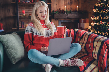 Canvas Print - Full body photo of young girl happy positive smile use laptop drink coffee eggnog decor spirit indoors