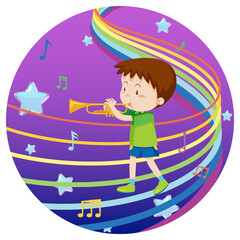 Sticker - Happy boy playing trumpet with rainbow melody on blue and purple gradient background