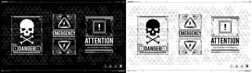 Poster - Caution futuristic ski-fi UI design elements in modern technology style. Warning and alert attention signs. Lettering with futuristic user interface elements. Conceptual Layout with HUD elements.