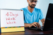 focus on calender, Concept of four or 4 days work week showing by young man working in background and shows calendar.