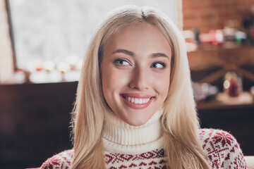 Sticker - Photo of young cheerful girl happy positive smile dreamy curious christmas eve time winter holiday indoors