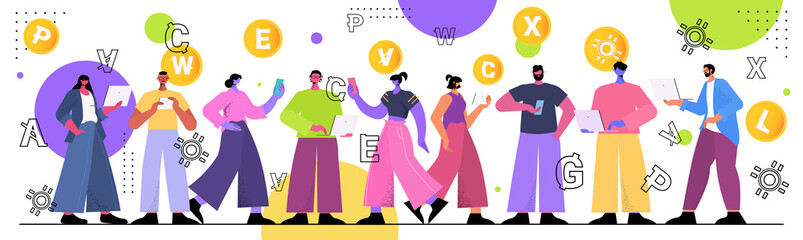 Poster - businesspeople mining different virtual money coins on laptops cryptocurrency exchange banking transaction