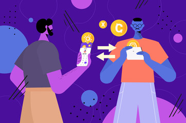 Poster - businessmen sending and receiving digital coins mining virtual money transfer cryptocurrency exchange