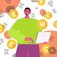 Poster - man using cryptocurrency mining application on laptop virtual money transfer app banking transaction digital currency