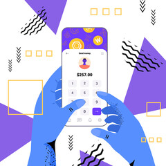 Poster - hands using cryptocurrency application on smartphone virtual money wallet banking transaction digital currency concept