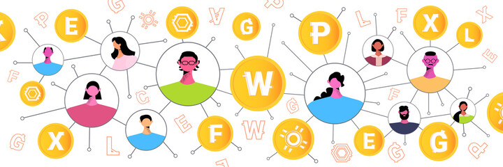 Poster - people sending and receiving digital coins mining virtual money cryptocurrency exchange banking transaction network communication