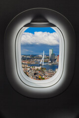 Rotterdam Netherlands in airplane window