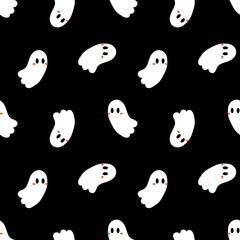 Cute cartoon style ghost characters vector seamless pattern background for Halloween design.
