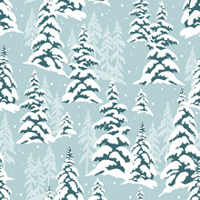 Snowy winter forest with snowy pine trees on light blue background. Seamless vector pattern. Perfect for textile, wallpaper or print design.