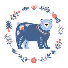 Vector bear in scandinavian style Folk forest animal