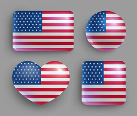 Wall Mural - usa flag glossy buttons of geometric shape set. united states of america country national flag shiny
