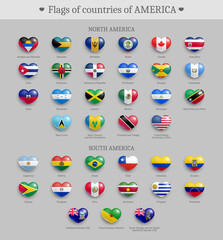 Wall Mural - flags of countries of america heart shape buttons set. north and south america official national fla