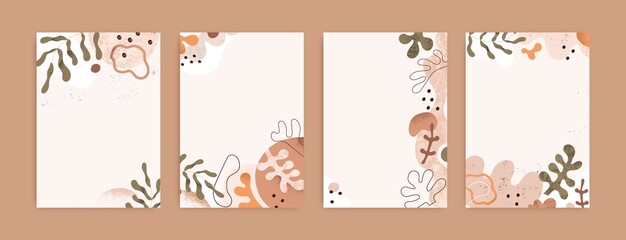 Fototapete - Modern cards with backgrounds for text and abstract natural shapes. Set of minimal backdrop designs with trendy creative random forms, leaf plants and blots. Contemporary flat vector illustrations