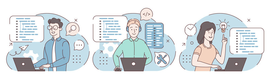 Concept of script coding, programming. A programming language. Programmer working on web development on computer. Software developers. Workplace of the programmer. Set of Flat illustrations