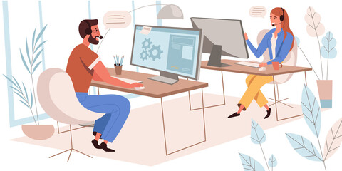 Poster - Call center concept in flat design. Operators in headsets working on computers in office people scene. Technical support consultants answer calls and messages from customers. Vector illustration
