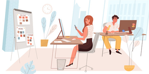 Poster - Time management concept in flat design. Colleagues work on computers and complete tasks on time. Organization of work processes, achievement of business goals, office people scene. Vector illustration