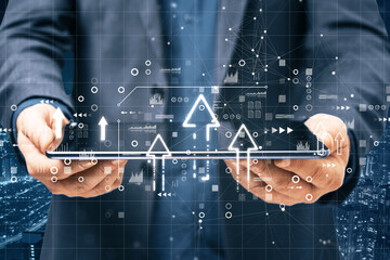 Aufkleber - Close up of businessman hands holding tablet with abstract glowing arrows on blurry city background. Future, business and up concept. Double exposure.